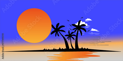 Scenery beach at sunset with sun and palm silhouette vector.