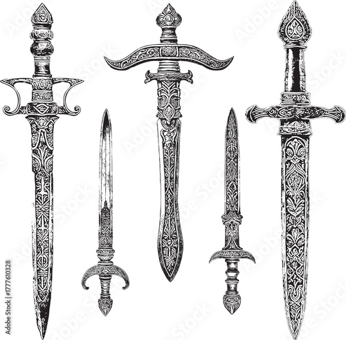 Intricate sword collection with medieval designs, perfect for historical illustrations, fantasy games, or adding a touch of warrior elegance to your creative projects