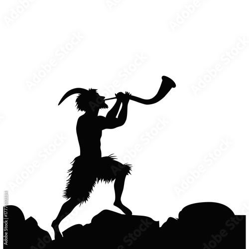 Satyr Silhouette Blowing Horn on Rocks. Mythological Creature