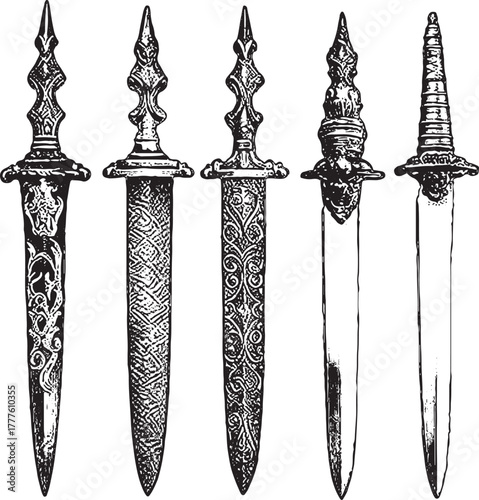 Discover the allure of ancient blades with this detailed collection of vintage daggers, perfect for adding a touch of historical intrigue to your project