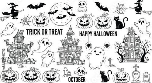 A festive collection of hand-drawn Halloween doodles, including jack-o'-lanterns, friendly ghosts, and spooky haunted houses in a line art style