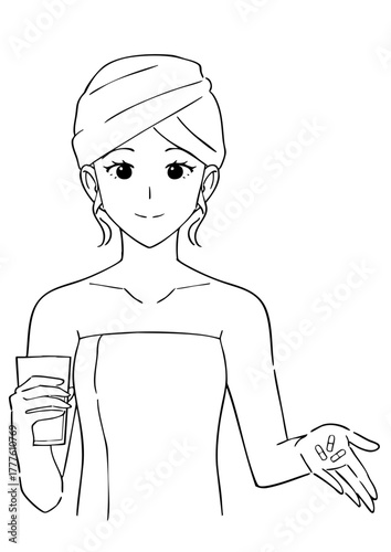 サプリを飲む女性の白黒イラスト