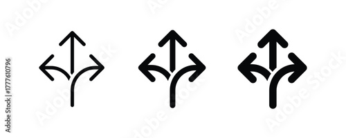 Three way directional arrow in flat style. Road direction icon isolated. Way direction arrow sign icon set. three arrow, way sign