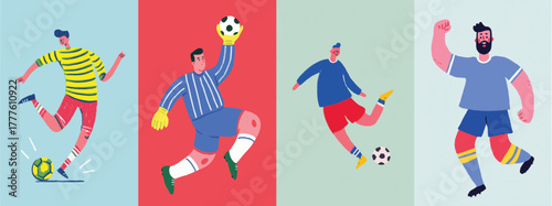 Colorful illustration of footballers playing soccer match with goalkeeper and team action scenes
