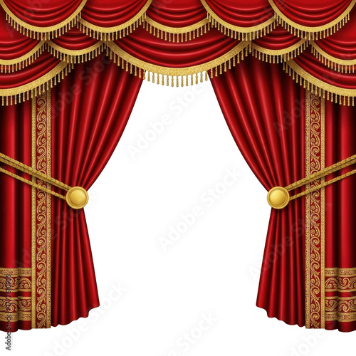 Isolated on transparent background, a luxurious red velvet stage curtain with golden tassels