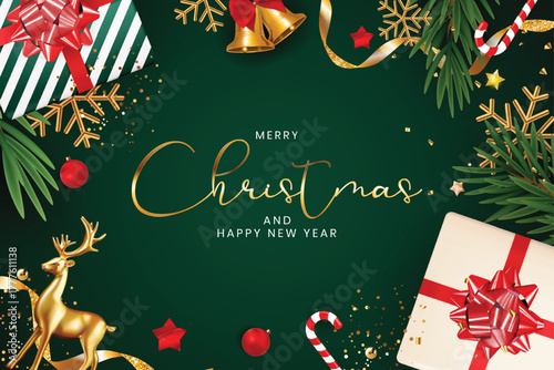 Merry Christmas and Happy New Year Greeting with Gifts, Bows, Gold Accents, and Festive Green Backdrop — Elegant Holiday Card Design for Celebration, Decoration, and Seasonal Art