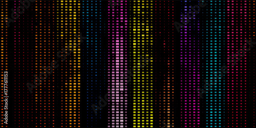Halftone dots abstract digital technology multicolored light on black background.