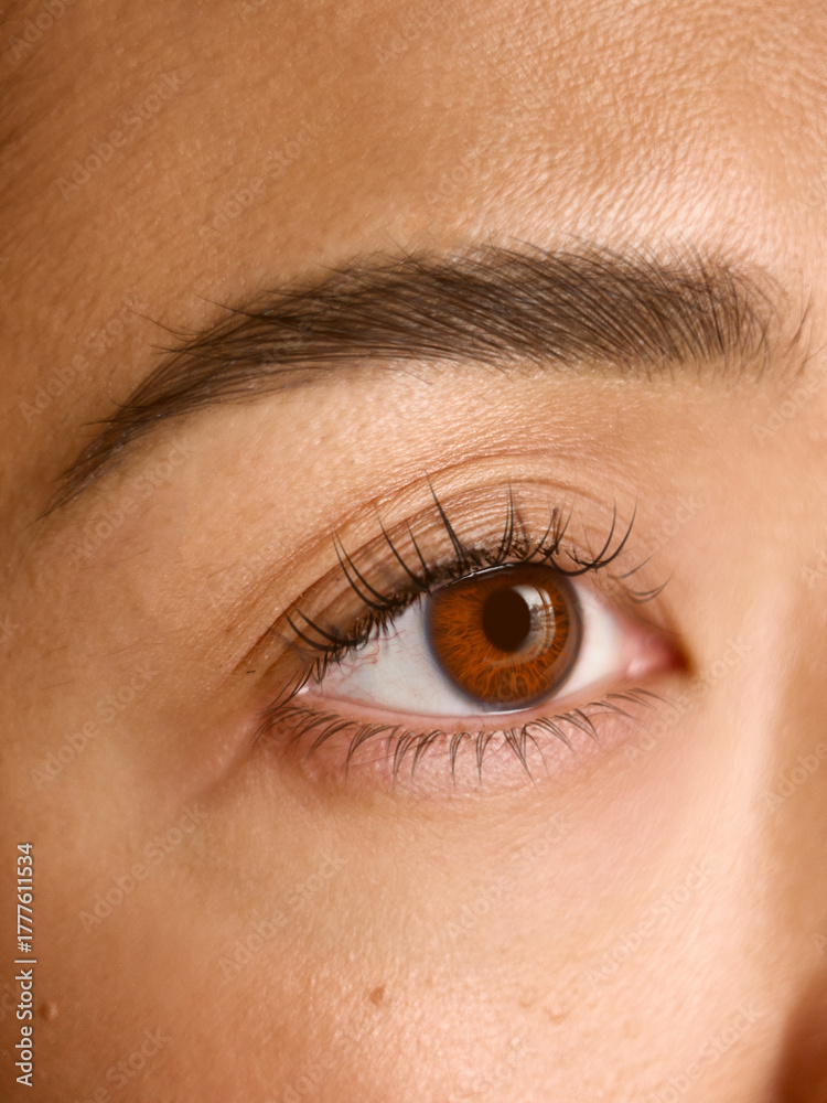 Fototapeta premium Closeup of female eye with natural lashes showing clarity and vitality. Concept of visual health, precision beauty, and attention to detail in skincare and wellness imagery.