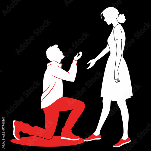 Man proposing to woman with engagement ring silhouette in red and white