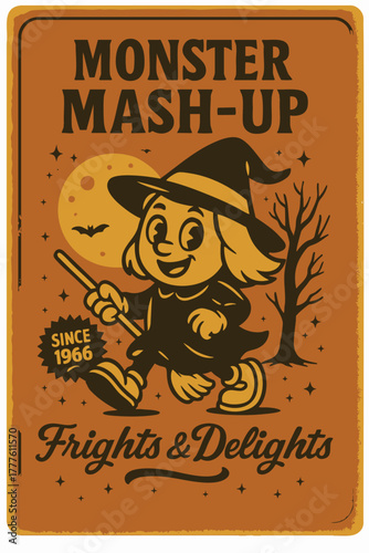 Cute retro Halloween cartoon character party poster or event invitation