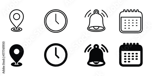 Location, Time, Notification, and Calendar Icon Set. Outline and Solid Style