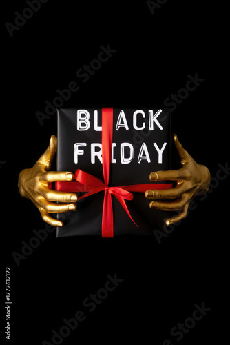 Black Friday illustration with golden hands presenting elegant black present wrapped with red ribbon, dramatic lighting, luxury holiday retail theme for premium campaigns