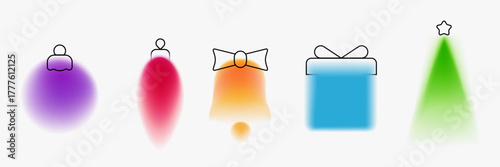 Christmas tree, bell, gift box, glass toys. Holiday elements in minimalistic blurred or gradient style. Festive decoration for branding banner, card, poster. Vector illustration.