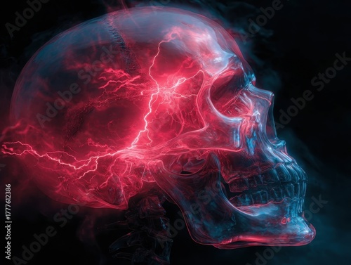 Abstract Transparent Skull Head with Internal Red Lightning Energetic Power Digital Art Concept against Dark Background