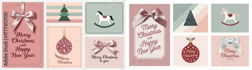 Christmas Greeting Cards with Decorations, Trees, and Holiday Symbols
