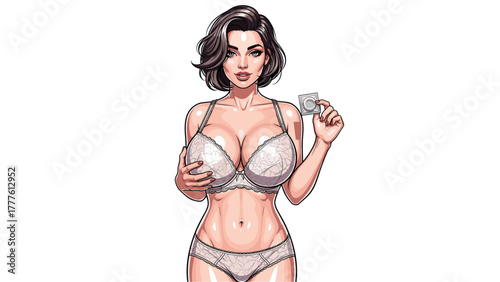 A confident woman in a bra and panties holds up a condom