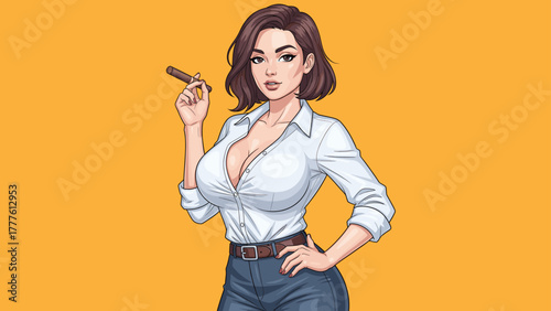 A beautiful businesswoman in a white shirt and jeans holds a cigar
