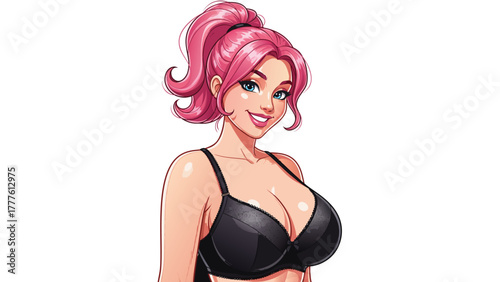 A cheerful woman with pink hair and a bright smile