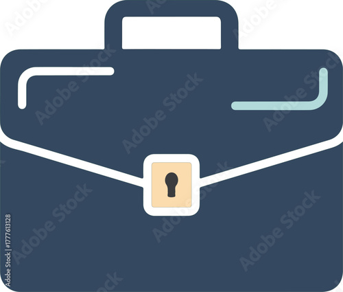 Graphic illustration of a closed navy blue briefcase with a white outline and a keyhole lock on a plain white background.