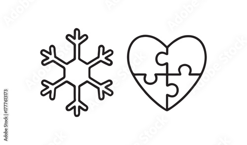 Simple outline icons of a snowflake and a heart puzzle