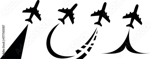 Four airplanes taking off with different flight paths, isolated on white background