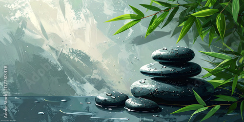 Serene digital illustration of balanced black Zen stones with fresh bamboo leaves, evoking tranquility, harmony, and mindfulness in a spa-like setting