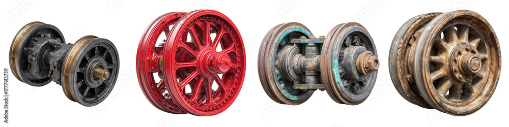 Obraz premium Vintage train wheels collection in various styles on transparent background