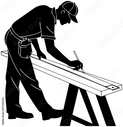 Person Measuring Wooden Plank – Carpentry Silhouette Vector