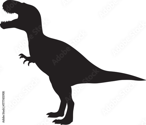 Silhouette of a Tyrannosaurus Rex dinosaur in profile view with mouth open and sharp teeth visible