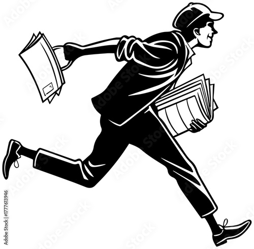 Running with Papers – Black and White Village Errand Vector
