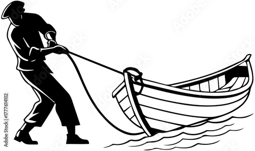 Pulling Boat Ashore – Black and White Village Fishing Vector