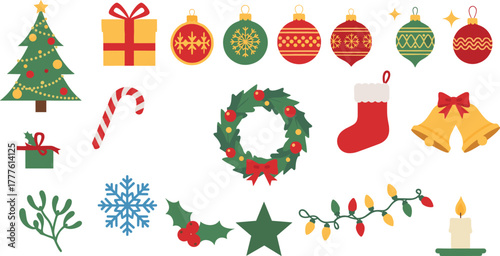 Collection of festive christmas holiday icons including tree gifts ornaments stocking bells and lights