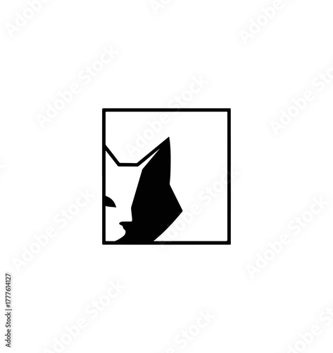 Abstract silhouette of a feline in a square isolated black and white design