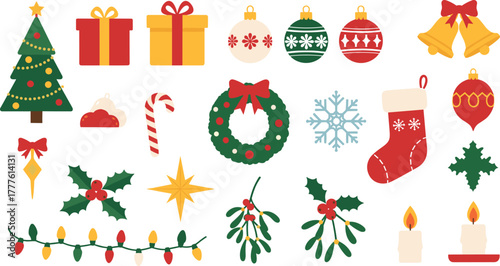 Festive christmas collection featuring ornaments gifts tree lights snowflakes and stockings