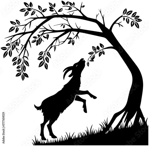 Goat Reaching for Leaves – Black and White Farm Animal Vector