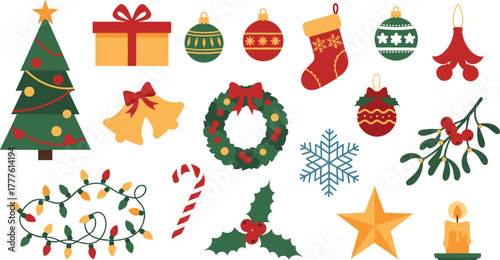 Festive christmas decorations collection celebrating the holiday season with ornaments gifts and lights