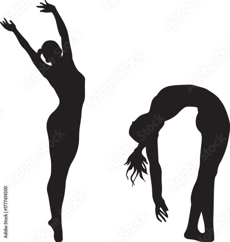 Silhouettes of two female gymnasts in dynamic poses on a white background woman athlete