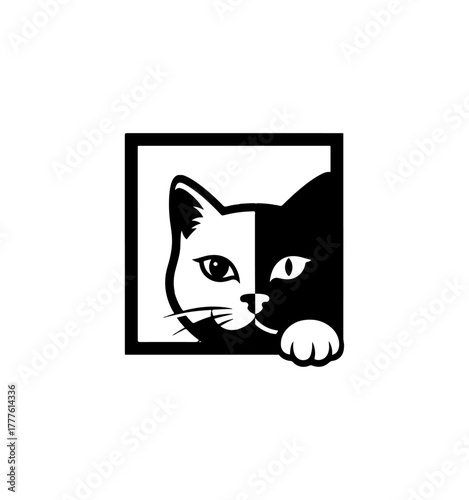 Cat face graphic in black and white half face hiding square format