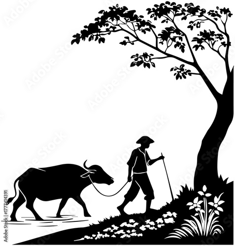 Cow Herding Under Tree – Black and White Village Vector