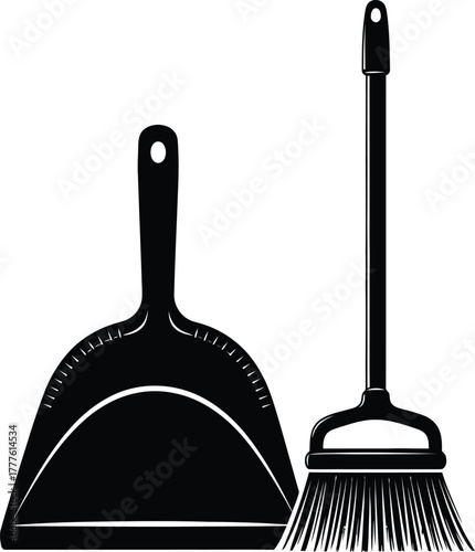 Cleaning supplies broom and dustpan vector illustration art