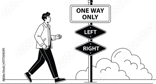 Man walking past one way sign with left right direction signs