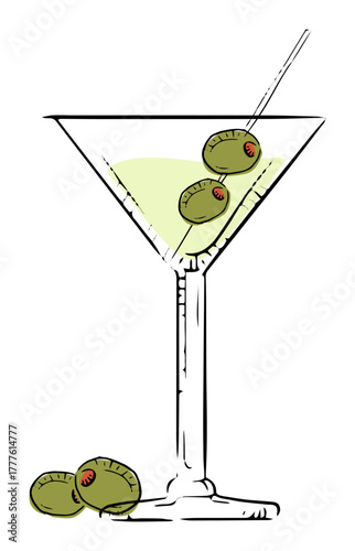 Illustration of a martini cocktail in a classic martini glass with three green olives garnished.