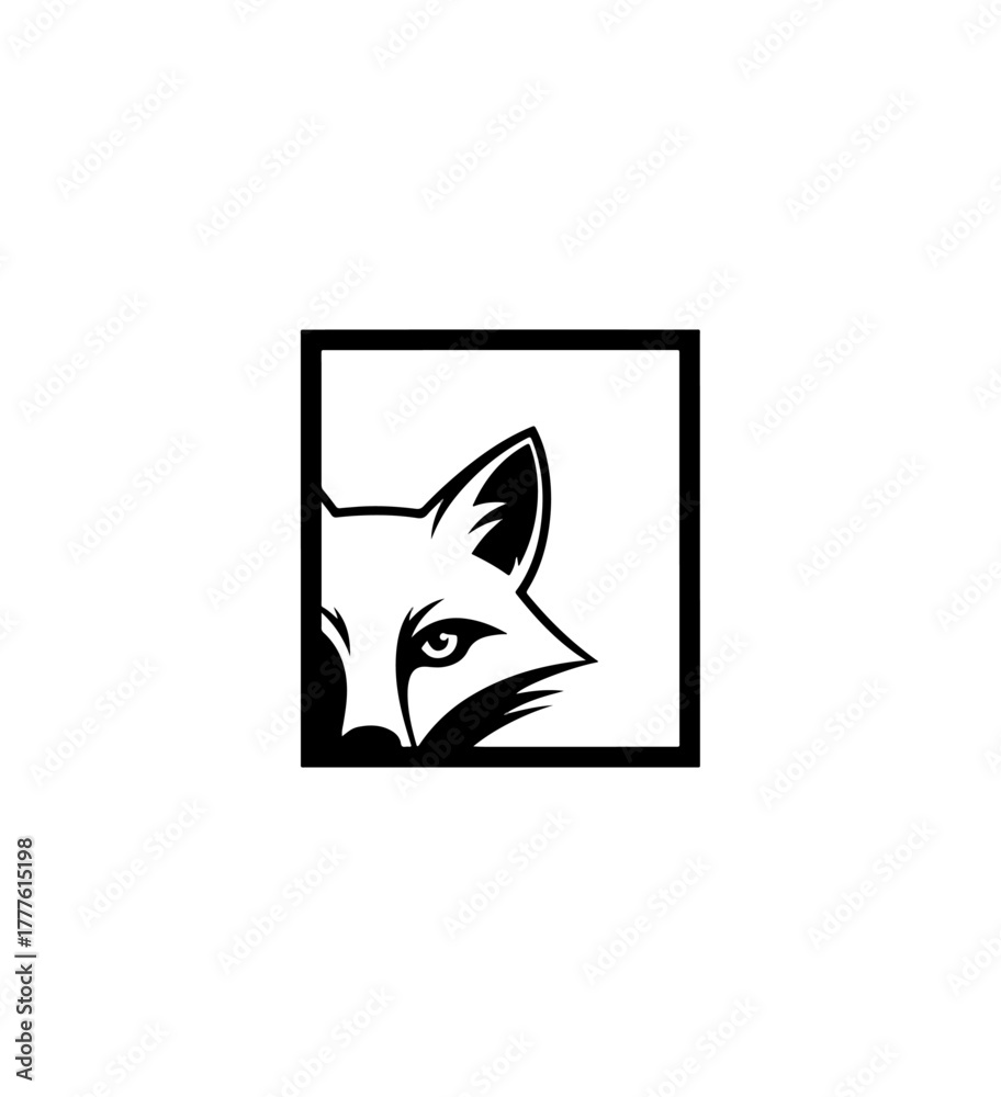 Fototapeta premium Fox head silhouette in square frame simple black and white illustration