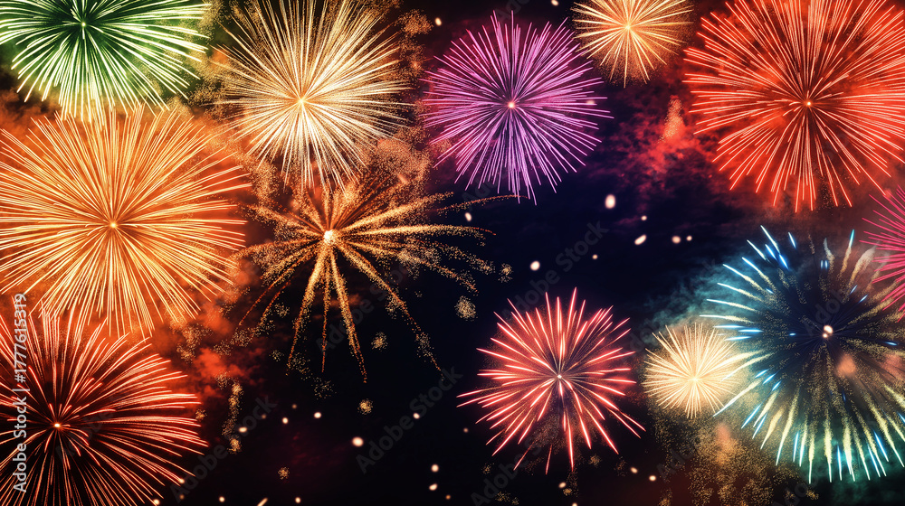 Naklejka premium Fireworks bursting in dark night sky for festive celebration background