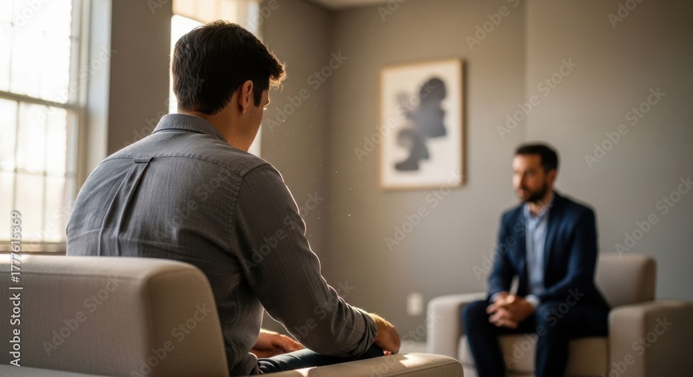 Fototapeta premium Man sitting and listening to another person. Business meeting or therapy session concept. Mental health and professional discussion.