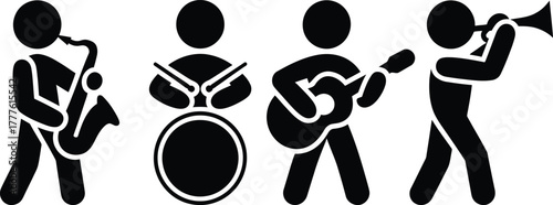 Abstract black stick figures performing jazz and pop music with saxophone, drum, guitar, trumpet icon set 