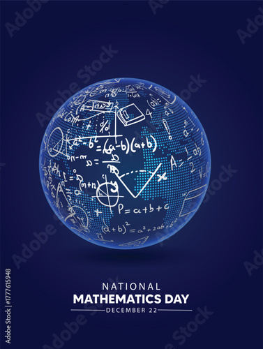 Creative globe design celebrating National Mathematics Day with equations and scientific symbols