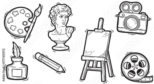Art and creativity symbols in black and white hand drawn style