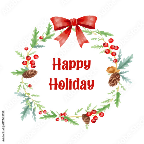 Watercolor Christmas wreath with fir branches, pine cones, red berries and a red bow. Stylish handmade design for holiday cards, invitations and seasonal designs and branding. Festive frame.