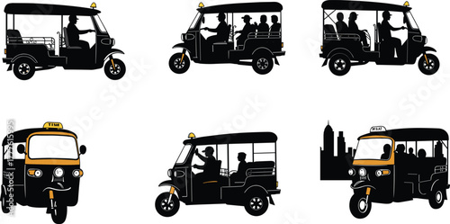 Auto rickshaw silhouette set, tuk-tuk taxi with passengers, urban transport, black and yellow vector, cad drawing flat vector 